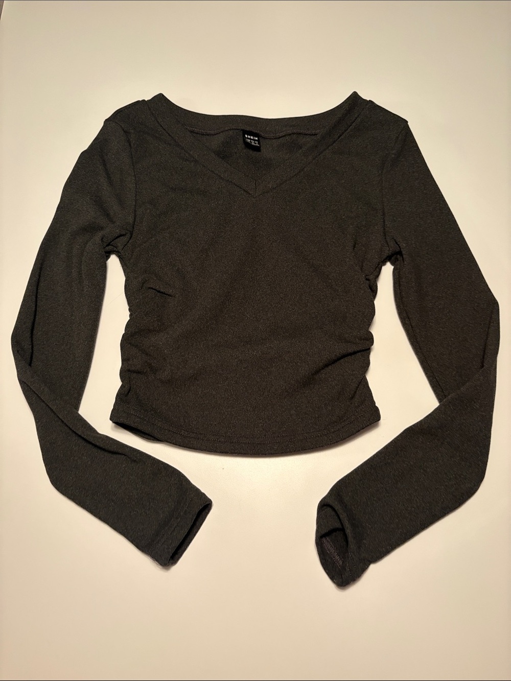 V-Neck Long Sleeve Crop Top in Dark Gray